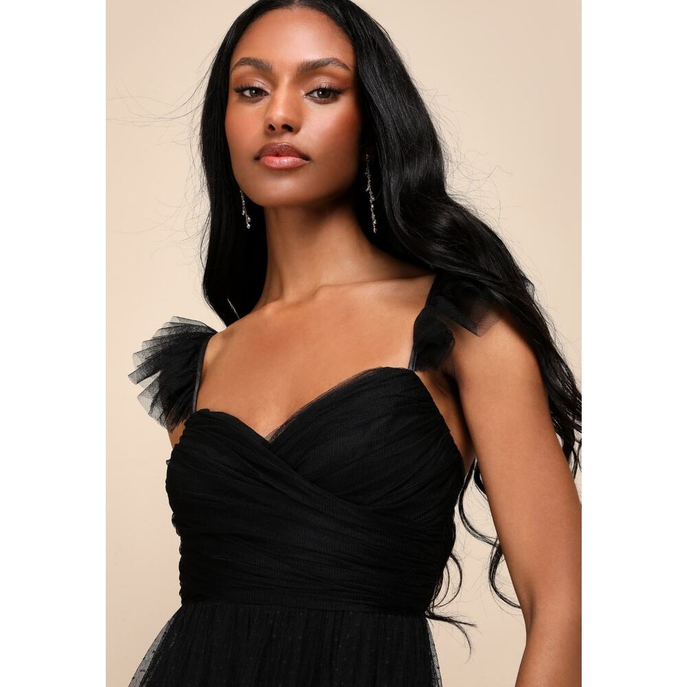 NWT Lulus Pure Radiance Black Mesh Swiss Dot Tiered Maxi Dress Large - Picture 4 of 12